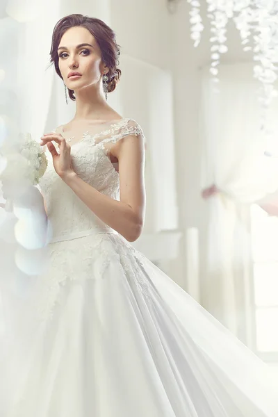 The beautiful woman posing in a wedding dress — 스톡 사진