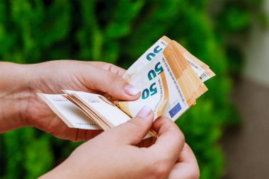 Elinde para tutan bir kadın. Avro banknotlarını say.