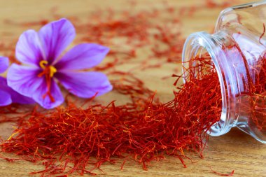 Saffron stigmas scattered on a wooden surface from a glass bottle. Saffron crocus flowers. Flowering saffron sativus. clipart