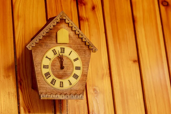 Cuckoo Clock Roman Numerals Wooden Wall Place Your Text Soon — Stock Photo, Image