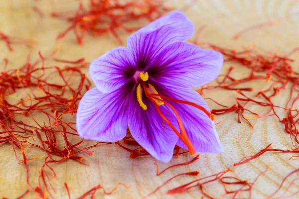 Drewniane Tło Fioletowymi Kwiatami Szafran Stameny — Zdjęcie stockowe