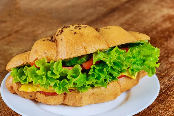 Fresh Croissant Ham Lettuce Wooden Table Cafe Vegetable Croissant — Stock Photo, Image