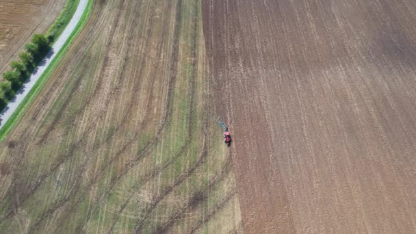 Agricultural industry. Top view of a modern red tractor with a plow working on the field on a sunny day. — Stock Video