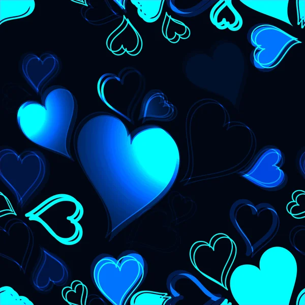 Corações azuis brilhantes no fundo escuro padrão sem costura — Vetor de Stock