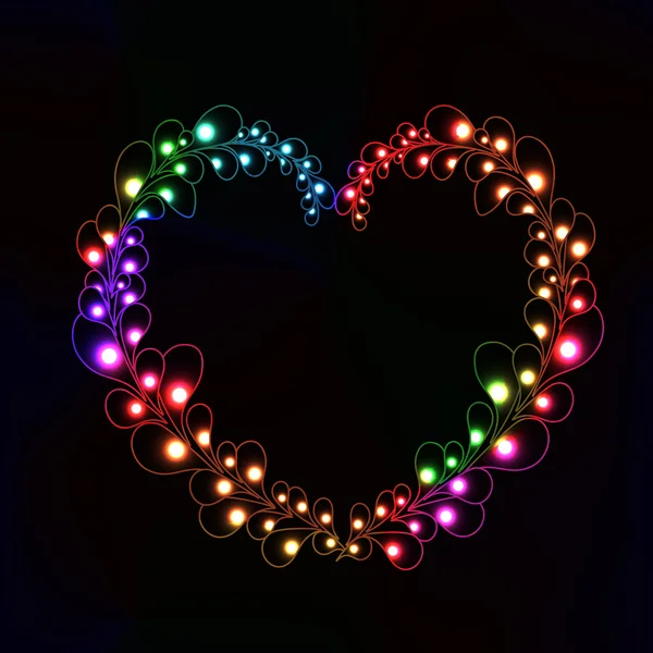 Neon hjärta tillverkad av massa lysande punkt på blad — Stock vektor