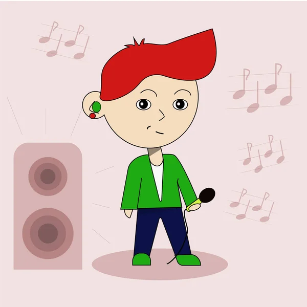 Chibi músico con micrófono en la mano con el pelo rojo, vocalista en traje, cantante estilo de dibujos animados, chico divertido cantando en el escenario pop — Foto de Stock