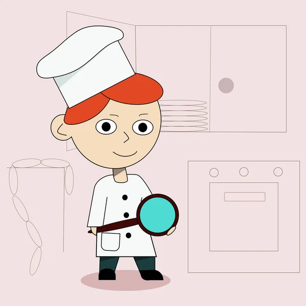 Chibi cocinero en sombrero blanco y sartén en la mano en la cocina, hombre cocina en la cocina — Foto de Stock