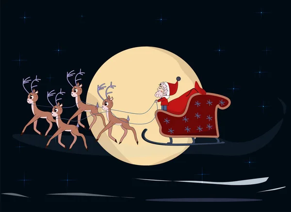 Inverno paesaggio renna e Babbo Natale slitta sacchetto regalo nel carrello, volo dei cervi nel cielo notturno — Foto Stock