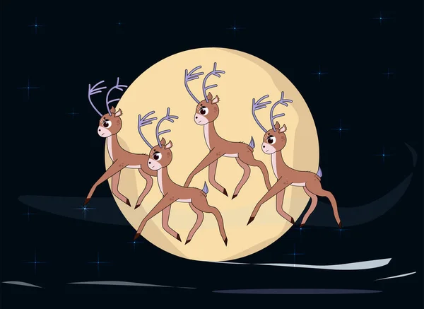 Négy karácsonyi rénszarvas repül az égen, repül a hold alatt, atmoszférikus táj szilveszterkor, Mikulás parlagon hagyott szarvas — Stock Fotó