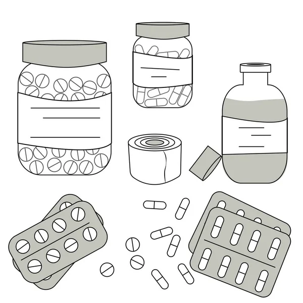 Medikamententabletten in einem Glas und einem Blister, Tabletten in einer Flasche, Pflaster, flüssige Medizin in einer Flasche — Stockfoto
