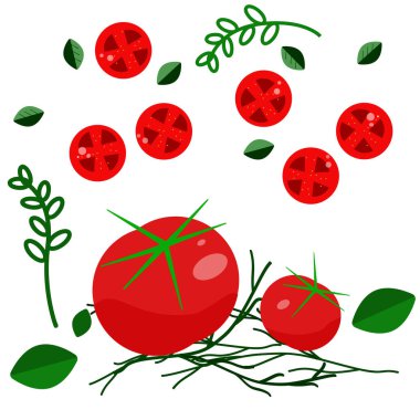 Yeşil dallı kırmızı domatesleri toplayın, domatesleri kesin ve salatayı süsleyin.