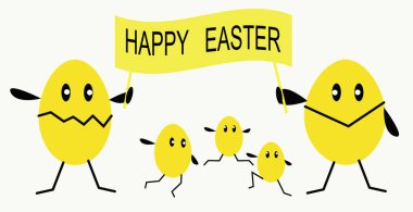 Bayrağı olan bir Paskalya yumurtası, sarı yumurtalardan oluşan bir aile, bir dizi parlak yumurta, Paskalya hakkında yazılı bir bayrak.