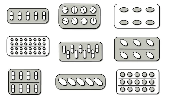 Classic top view of tablets, Set of tablet icons and blisters, Flat Style, Tablets and Capsules — стокове фото