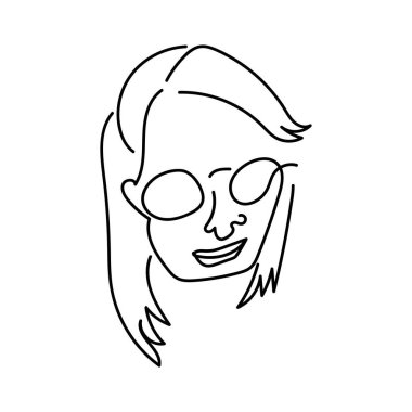 Tek bir çizgi çiziyorum. Portrenin minimalizmi soyut yaratıcı bir tarzda. Giysiler, kartpostallar, karalamalar için modern moda tasarımlı bir kadının yüzü.