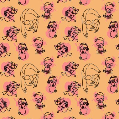 Modern soyut yüzler. Modern kadın siluetleri. - Evet. Sürekli çizgi, minimalist konsept. Kusursuz desen. Modern Soyut Yüz Moda Kadın Portresi Bir Satır Minimalist Biçimi