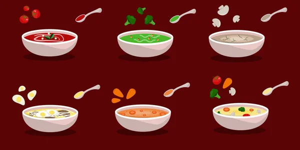 Día Internacional de la Sopa el 5 de abril. Carne de res, vegetariana, puré de sopa. Un juego de sopas. Colección de sopas, sopa en una taza de fideos vegetales de tomate, champiñones, zanahoria, brócoli aislado — Foto de Stock