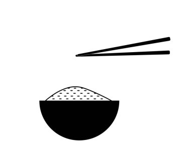 Kase ikonunda pirinç. Yiyecek kavramından bir elementin izole edilmiş siyah basit doğrusal çizimi. Asya yemekleri, Kore sokak yemekleri.
