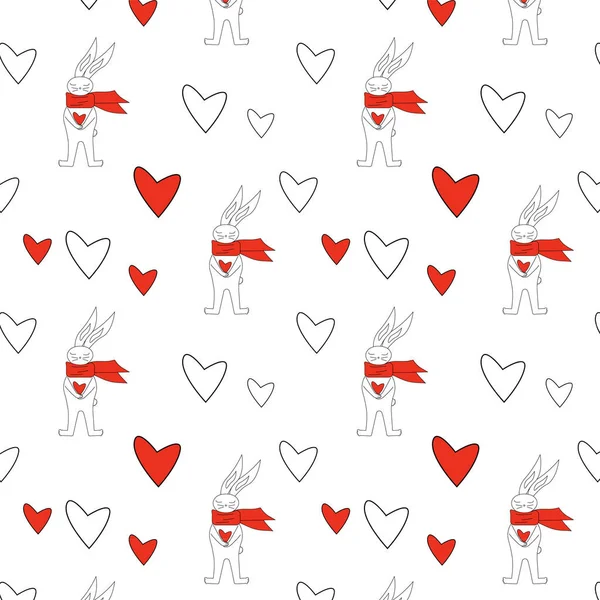 Rabbit with eyes closed holding a heart, Love doodle background with hearts. hand-drawn grunge background, heart-shaped pattern, wedding card with heart — Stockfoto