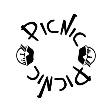 Piknik çerçevesi, piknik etiketi ve sepeti doldurma, basit elementler, el çizimi illüstrasyon, etiket için boş alan