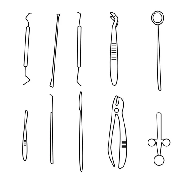 전문 치과 도구들은 낙서 스타일로, 도구들은 흰색 배경으로 구성되어 있습니다. 치통 치료에 필요 한 장비의 윤곽 — 스톡 사진