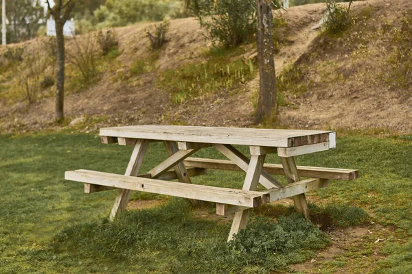Picnic table in a park with green area