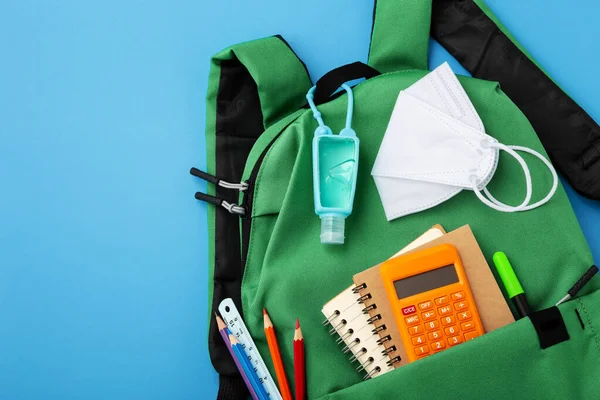 Green Backpack School Supplies Kid Face Mask Hand Gel Blue — 스톡 사진