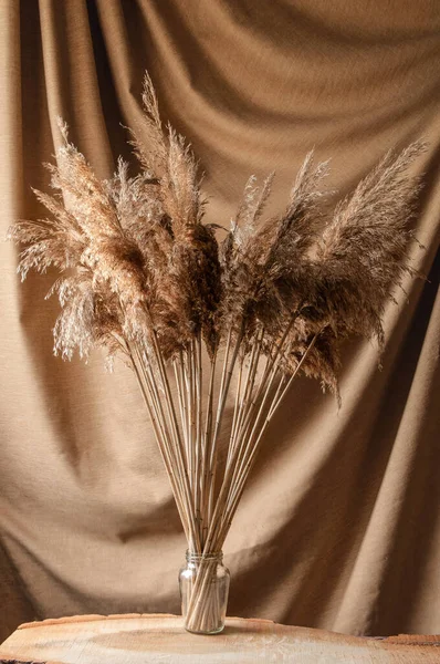 Bouquet Fleurs Sauvages Dans Vase Verre Sur Fond Brun — Photo