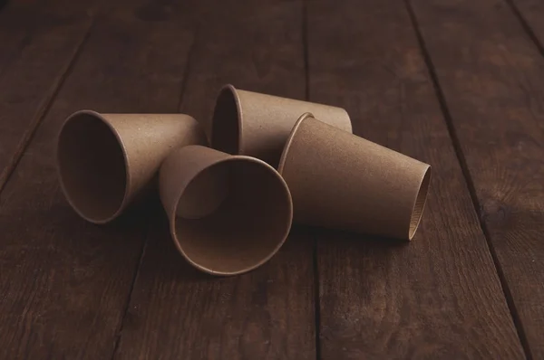 Ecological Kraft Paper Cups Coffee Tea Dark Brown Table — Stock Photo, Image