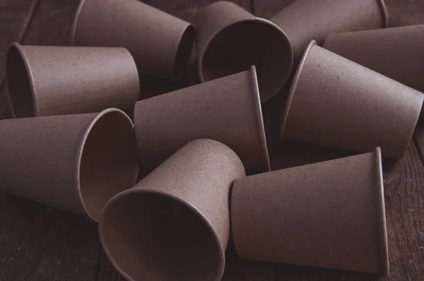 Ecological Kraft Paper Cups Coffee Tea Dark Brown Table — Stock Photo, Image
