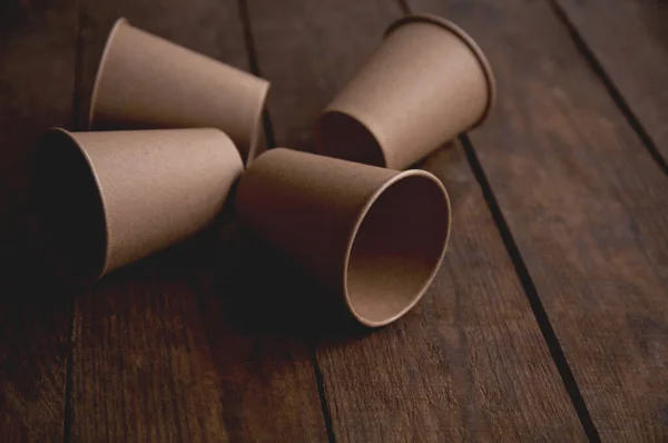 Ecological Kraft Paper Cups Coffee Tea Dark Brown Table — Stock Photo, Image
