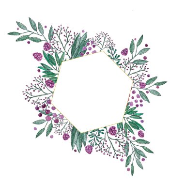 Dallardan, yapraklardan, yonca çiçeklerinden ve renkli noktalardan oluşan kartpostal kolajı.