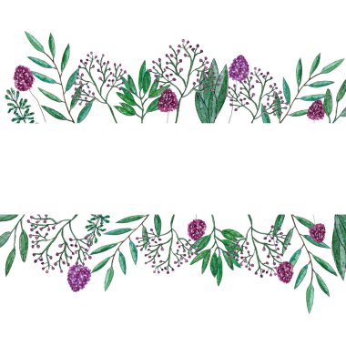 Dallardan, yapraklardan, yonca çiçeklerinden ve renkli noktalardan oluşan kartpostal kolajı.