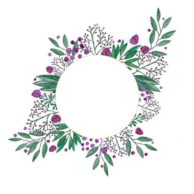 Dallardan, yapraklardan, yonca çiçeklerinden ve renkli noktalardan oluşan kartpostal kolajı.