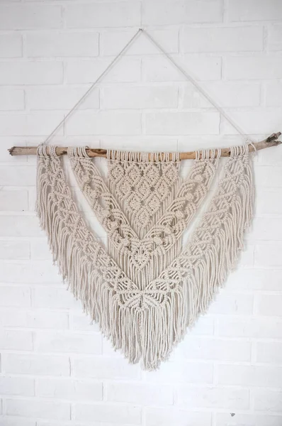 Handgemaakte Macrame 100 Katoen Wanddecoratie Met Houten Stok Opknoping Een — Stockfoto