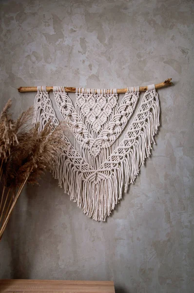 Macrame Artesanal 100 Decoração Parede Algodão Com Pau Madeira Pendurado — Fotografia de Stock