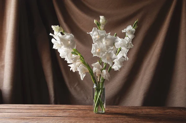 Buquê Delicado Gladioli Branco Vaso Vidro Fica Uma Mesa Madeira — Fotografia de Stock