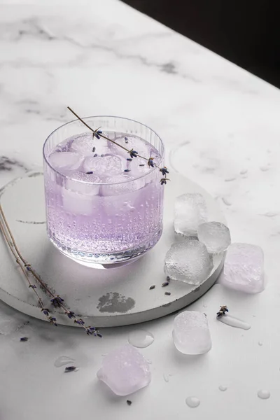 Cocktail sans alcool violet frais d'été avec des branches de lavande, de la glace et de l'eau pétillante. Mocktail, mode de vie sain — Photo