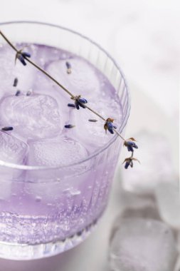 Yaz aylarında lavanta filizi, buz ve köpüklü mor renkli alkolsüz kokteyl. Mocktail, sağlıklı yaşam tarzı