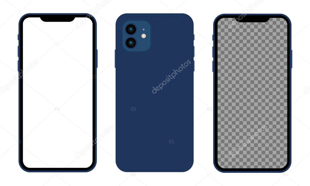 New modern smartphone 12 Blue. Smart phone. Touch screen. World technology. phone 12, 12 Mini Mockup Screen Template. Vector.