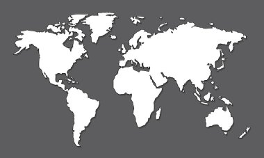 Dünya haritası vektörü, gri arkaplanda izole. Düz Dünya, web sitesi şablonu için gri harita şablonu, yıllık rapor, bilgi grafikleri. Dünya benzeri dünya haritası simgesi.