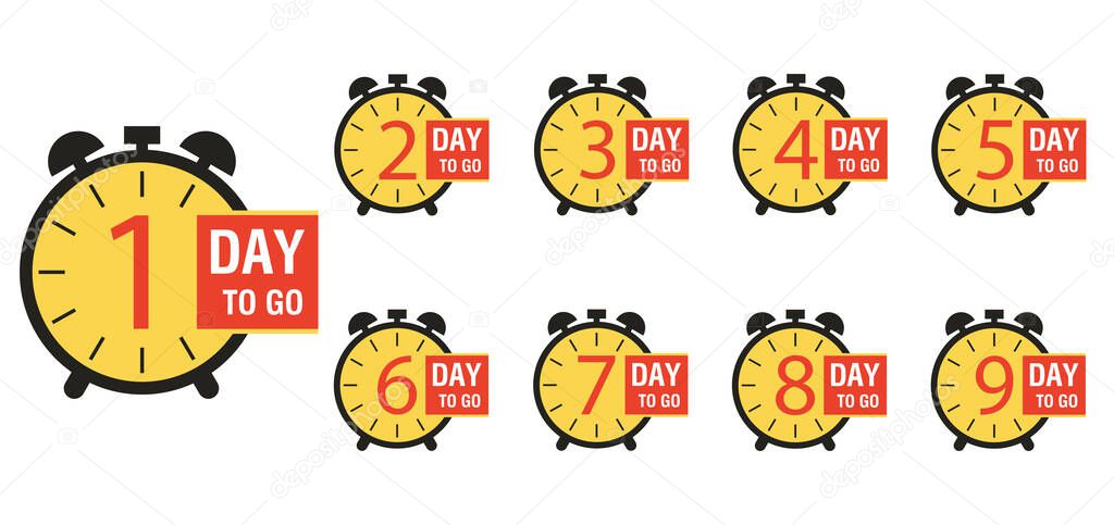 Number 1, 2, 3, 4, 5, 6, 7, 8, 9 of days left to go. Collection badges sale, landing page, banner. Vector illustration.