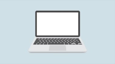 Mavi arkaplanda dizüstü bilgisayar ve imleç simgesi izole edildi. Boş ekran işaretli bilgisayar defteri. 4K Video