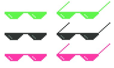 Beyaz arkaplanda güneş gözlüğü pikseli simgesi siyahı. Piksel gözlük işareti. Haydut hayatı gözlüğü. düz biçim.