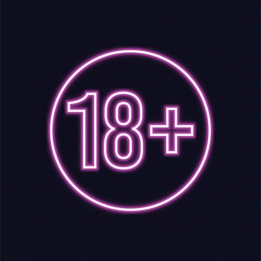 18 yaş üstü, yaş sınırı, neon tarzı imza. Sadece yetişkinler için. Gece parlak neon işareti, sembol 18 artı.