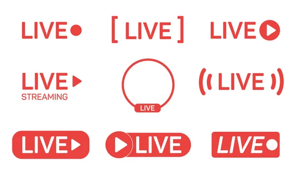 Een set live streaming iconen. Rode symbolen en knoppen van live streaming, uitzending, online stream. Vectorillustratie. — Stockvector