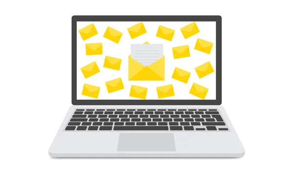 Spamming concept de boîte aux lettres, beaucoup d'e-mails sur l'écran d'un moniteur. Boîte aux lettres piratage, avertissement de spam. Illustration vectorielle. — Image vectorielle