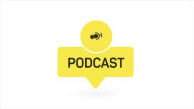 Podcast. Rozet, simge, pul, logo. Stüdyo masa mikrofonu ve yayın metni podcast. Hareket grafikleri. 4k