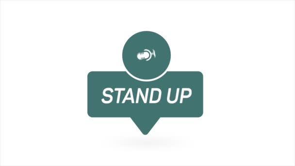 Встаньте. Значок, значок, марка, логотип. Студійний стіл мікрофон з трансляційним текстом STAND UP. Графіка руху. 4k — стокове відео