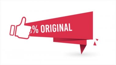 Etiket ya da afiş% 100 orijinal. Kırmızı ve beyaz arka planda. Başparmak yukarı. Ürün kalitesi. 4k