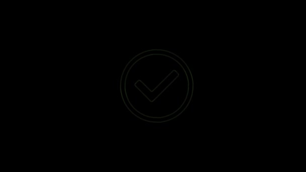 Leuchtende Leuchtschrift Häkchen im Kreis-Symbol auf schwarzem Hintergrund. Auswahlknopfzeichen. Häkchensymbol. 4k — Stockvideo